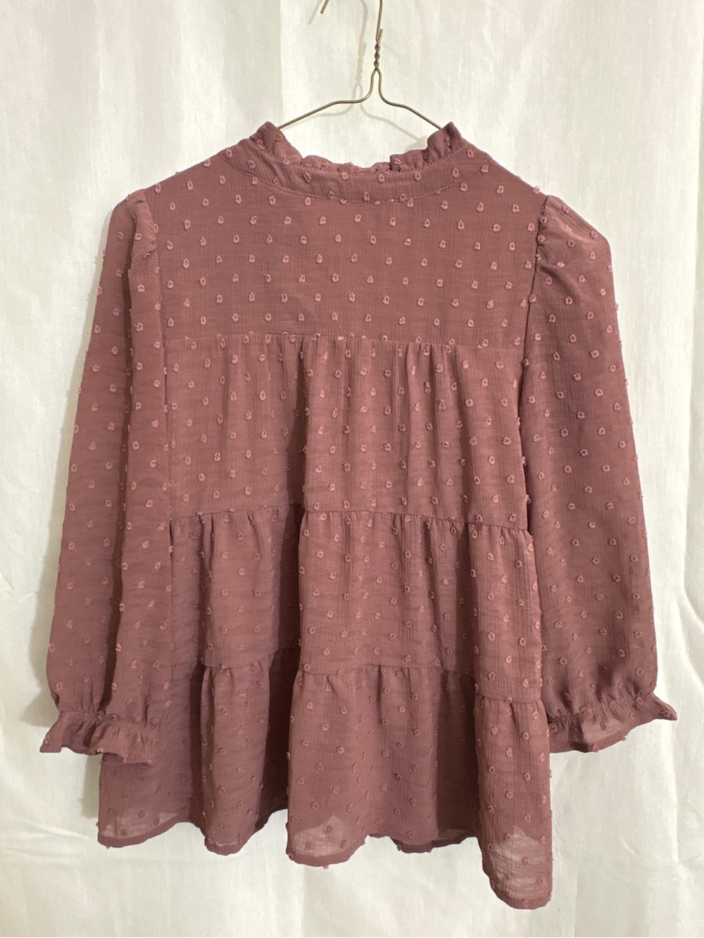Monteau Mauve Swiss Dot Tiered Ruffle Blouse Size S - Picture 3 of 7